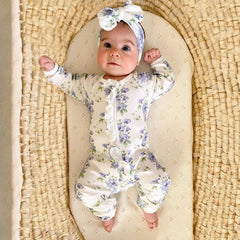 2PCS Floral Printed Ruffle Decor Zipper Baby Jumpsuit