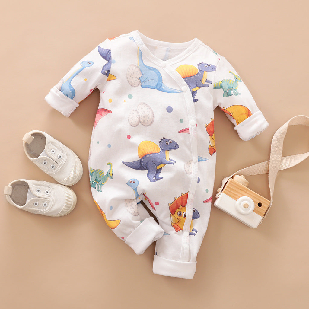 Newborn Baby Lovely Cartoon Mother Dinosaur Printed Long Sleeve Jumpsuit