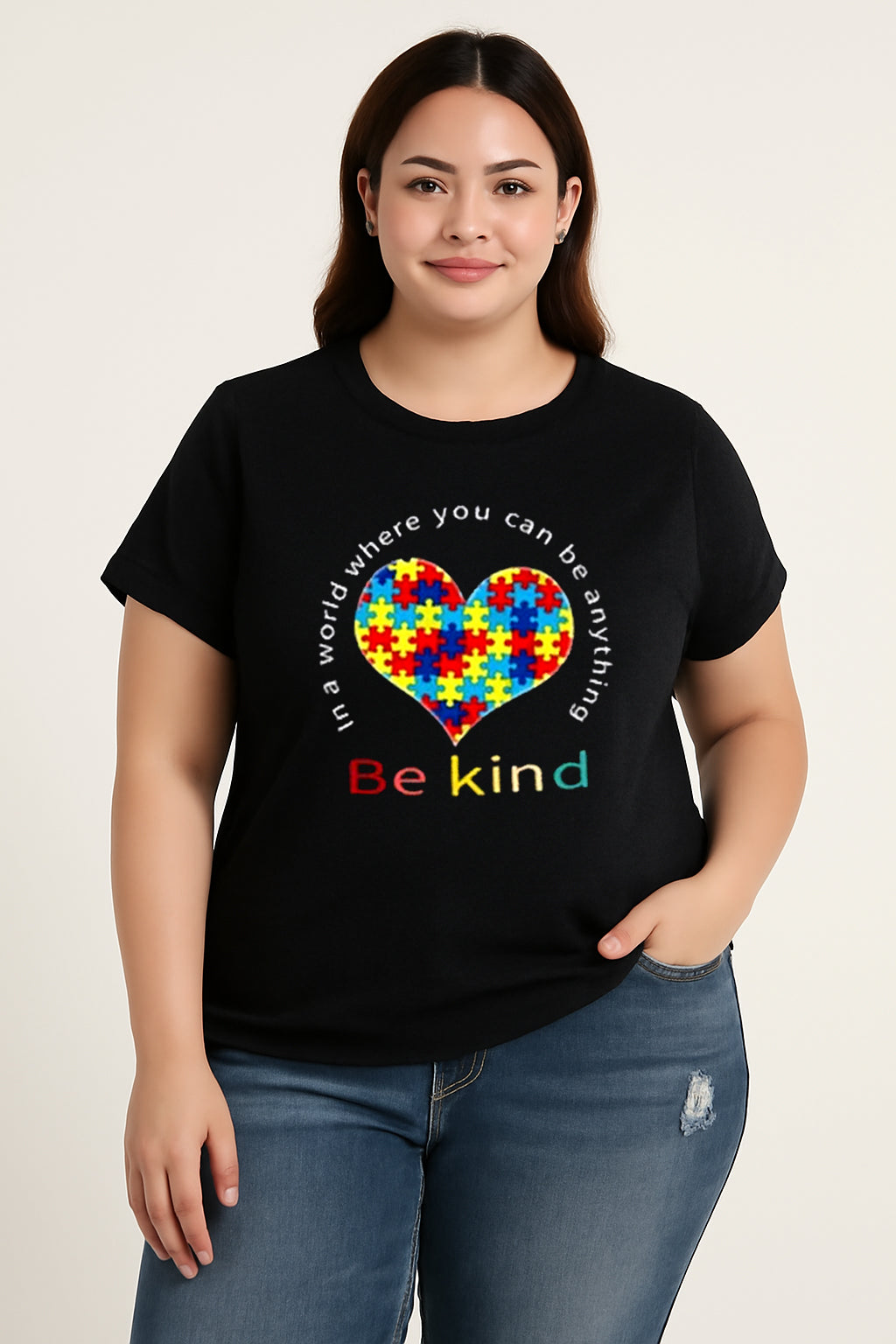 Heart Puzzle Be Kind Letter Print Cotton Plus Size T-Shirt