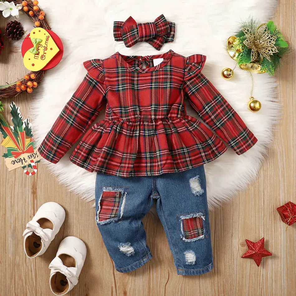 3PCS Christmas Plaid Printed Baby Set