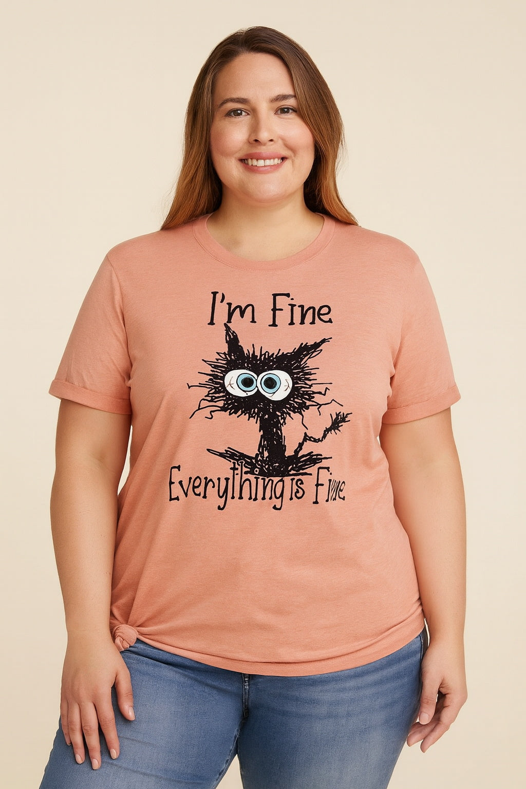 I'm Fine Everything Is Fine Cat Print Women Slogan Plus Size T-shirt