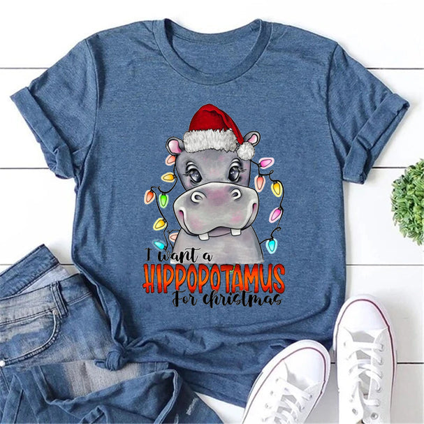 I Want To Hippopotamus For Christmas Print Women Slogan T-Shirt