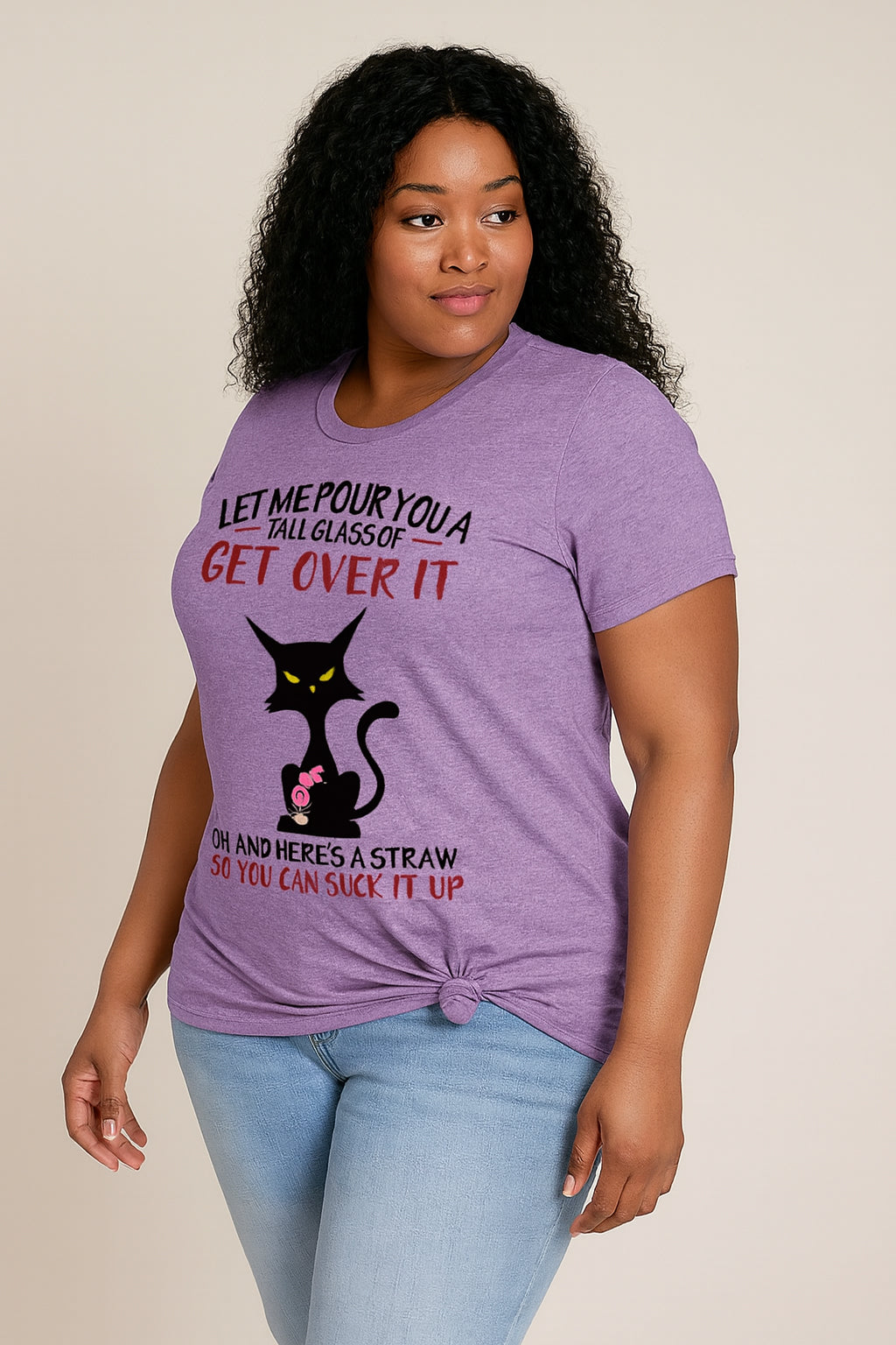 Get Over It Cat Print Women Slogan Plus Size T-shirt