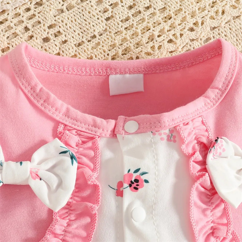 2PCS Elegant Floral Print Ruffle Long Sleeve Baby Jumpsuit