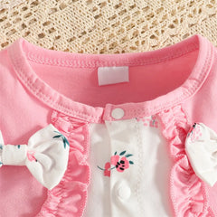 2PCS Elegant Floral Print Ruffle Long Sleeve Baby Jumpsuit