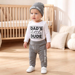 3PCS Dad's Little Dude Letter Printed Long Sleeve Baby Set