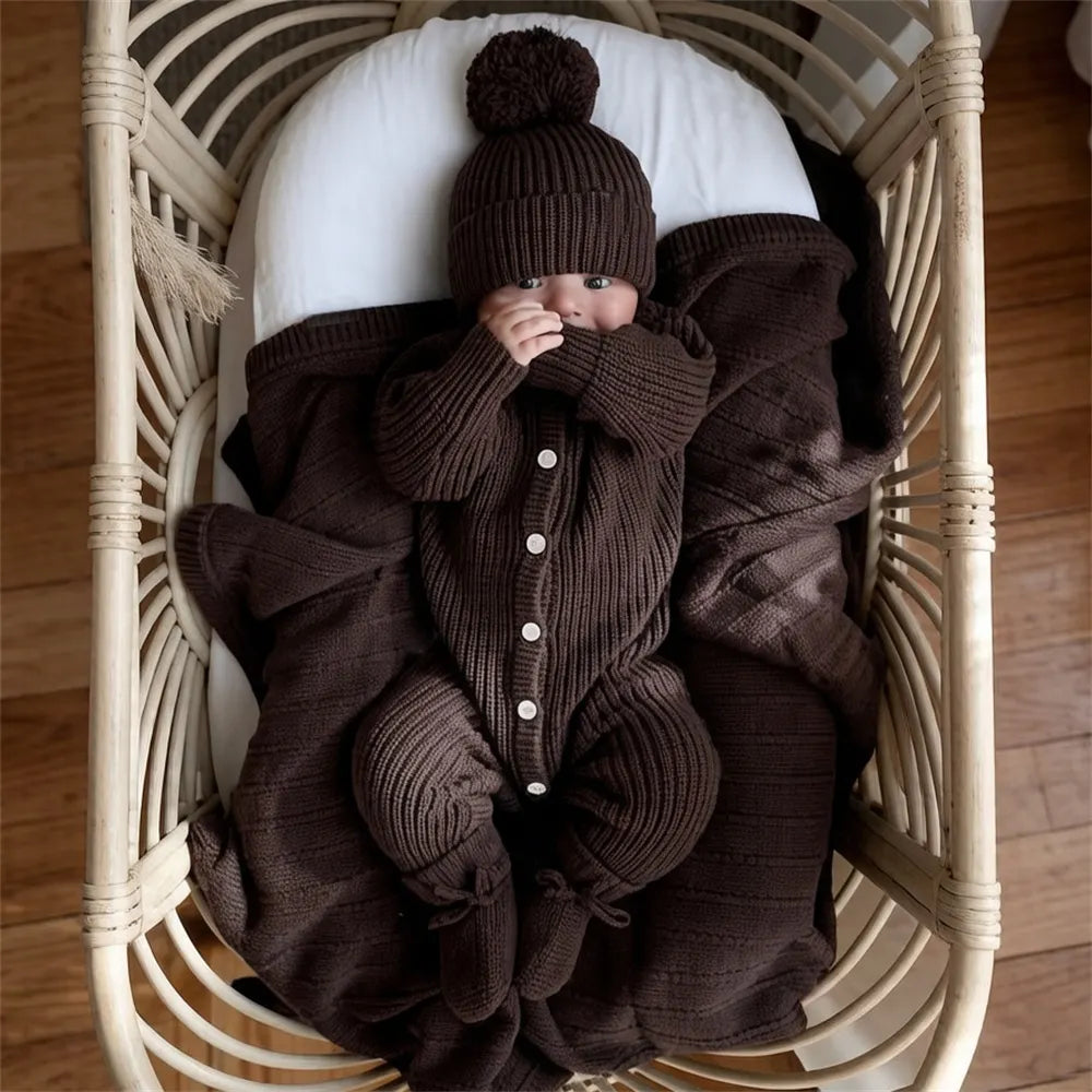 2PCS Casual Solid Color Knit Long Sleeve Baby Jumpsuit