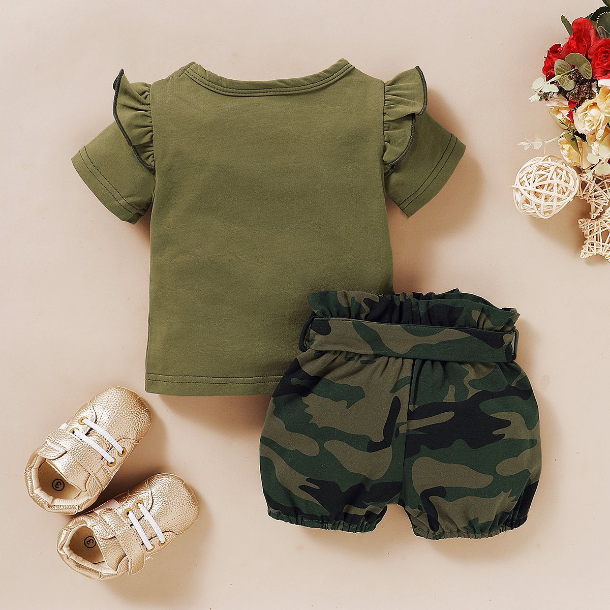 2PCS Daddy's Girl Ruffle Shoulder Top With Camouflage Shorts Baby Set