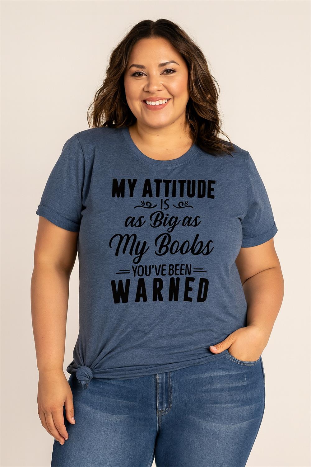 My Attitude As Big As My Boobs Print Women Slogan Plus Size T-Shirt