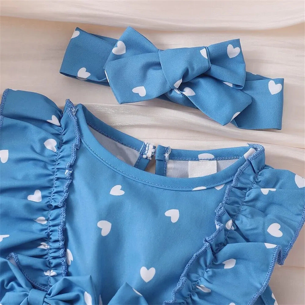 2PCS Sweet Heart Print Flutter Sleeve Baby Girl Romper