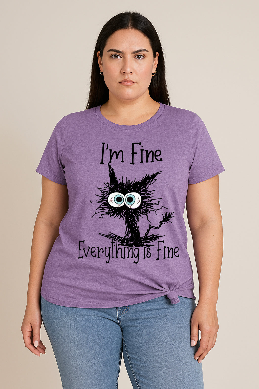 I'm Fine Everything Is Fine Cat Print Women Slogan Plus Size T-shirt