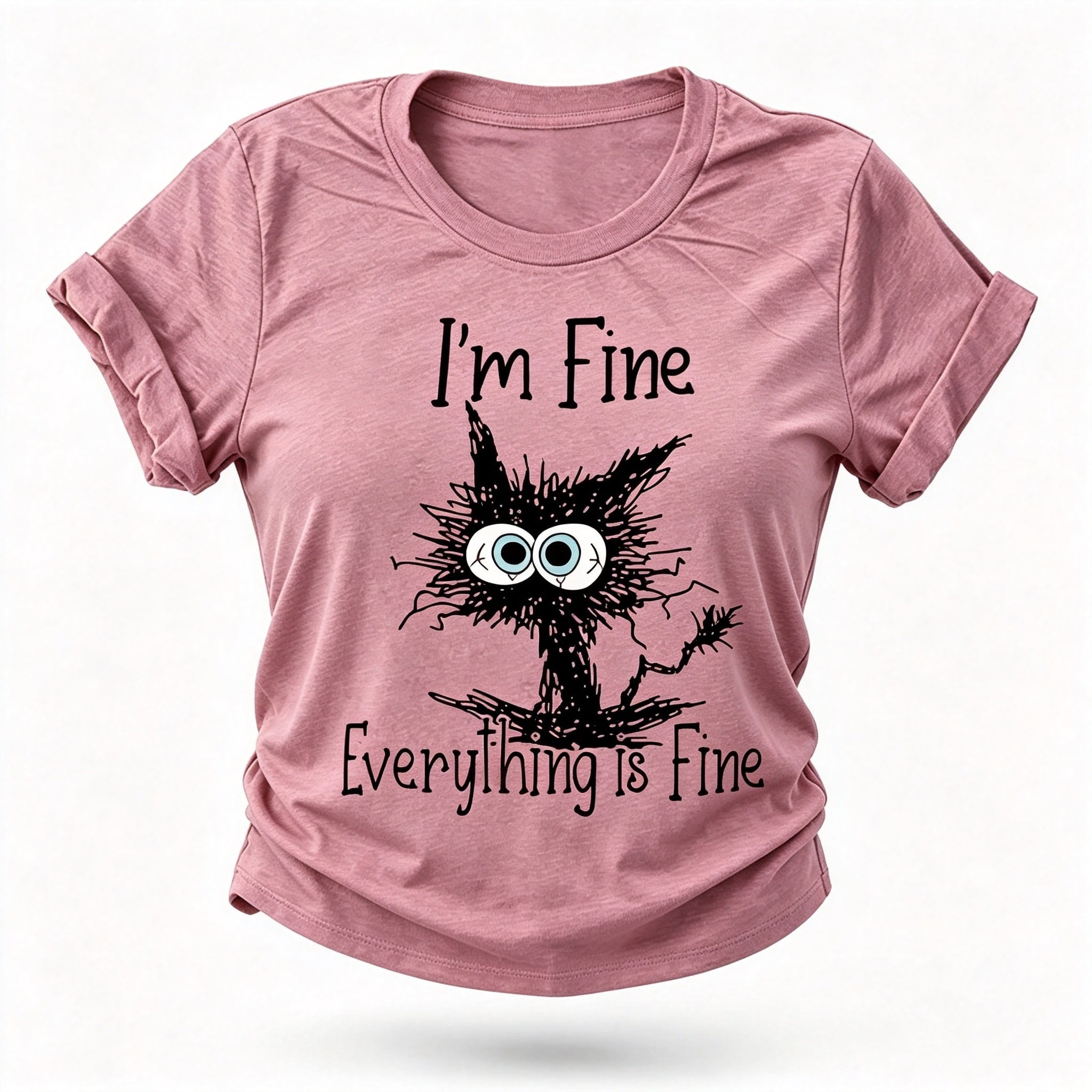 Estou bem, tudo está bem, camiseta feminina com slogan e estampa de gato