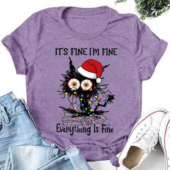 It's Fine I'm Fine Everything Is Fine Christmas Cat Print Women Slogan T-Shirt