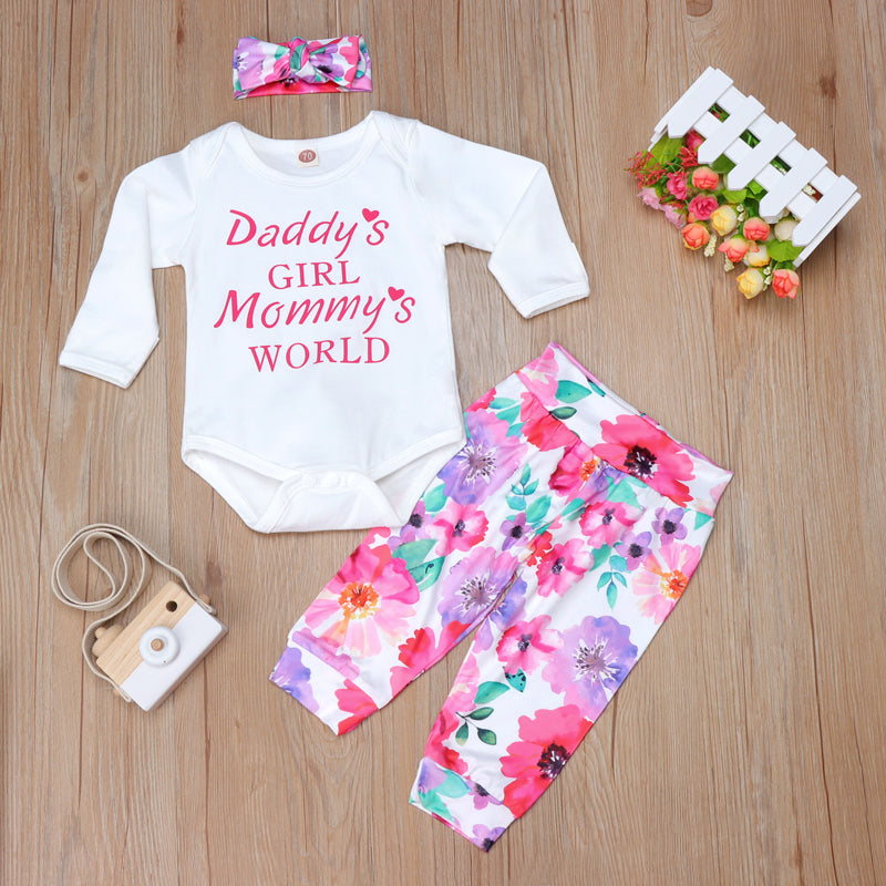 3PCS Baby Girl  "Daddy's Girl Mommy‘s World’" Letter Printed Romper with Full Floral Printed Pants Baby Set