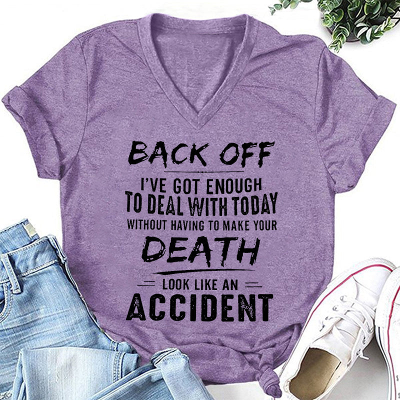 Camiseta feminina com decote em V com slogan Back Off Print 