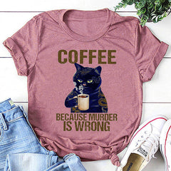 Cat Drinking Coffee Graphic Print Cotton