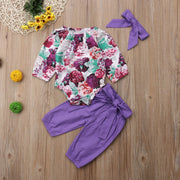 Floral Romper with Bowknot Decor Pants Set