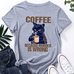 Cat Drinking Coffee Graphic Print Cotton