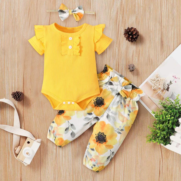 3PCS Pretty Floral Printed Baby Set