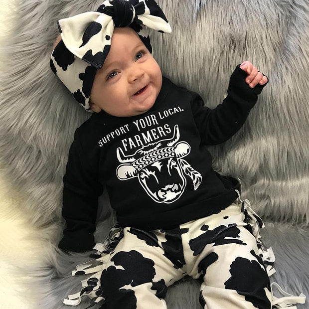 3PCS Baby Girl “SUPPORT YOUR LOCAL FAMERS” Letter Printed Romper With Pants Baby Set