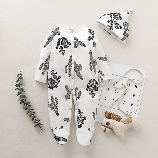 Cute Cartoon Cactus Printed Long Sleeve Baby White Jumpsuit