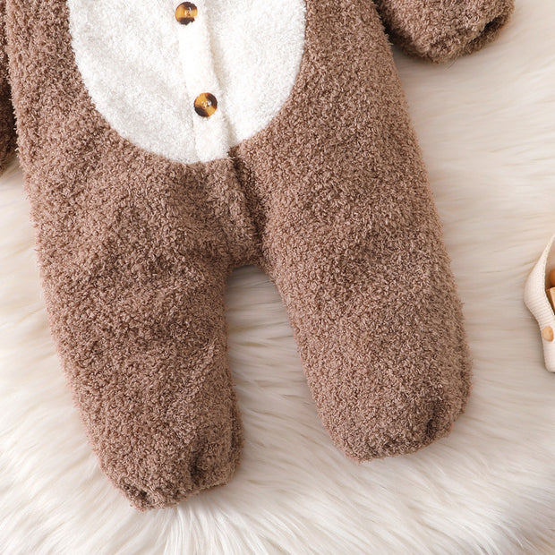 Cute Bear Solid Color Printed Baby Hoodie Jumpsuit