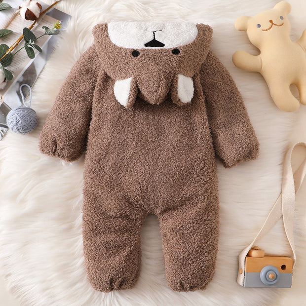 Cute Bear Solid Color Printed Baby Hoodie Jumpsuit