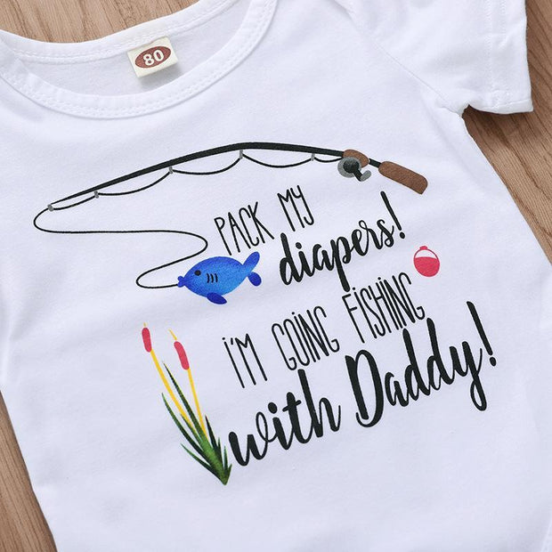 "Going fishing with Daddy" Cartoon Letter Printed Baby Romper