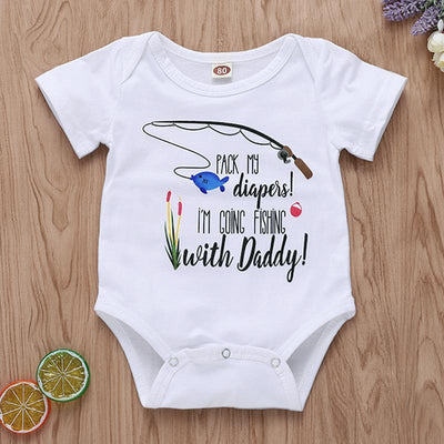 "Going fishing with Daddy" Cartoon Letter Printed Baby Romper