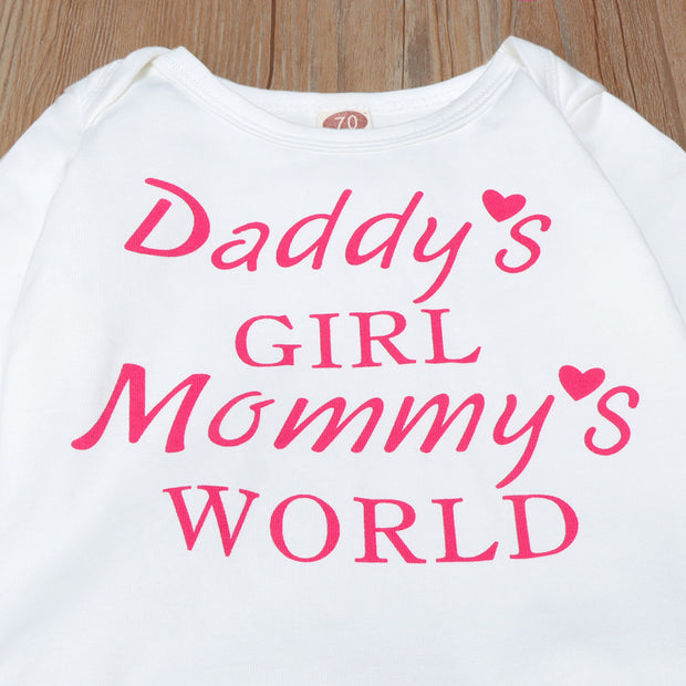 3PCS Baby Girl  "Daddy's Girl Mommy‘s World’" Letter Printed Romper with Full Floral Printed Pants Baby Set