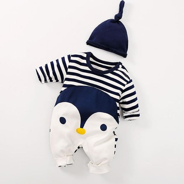 Striped Penguin Print Jumpsuit and Hat