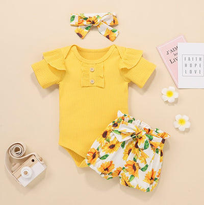 3PCS Lovely Sunflower Printed Baby Girl Set