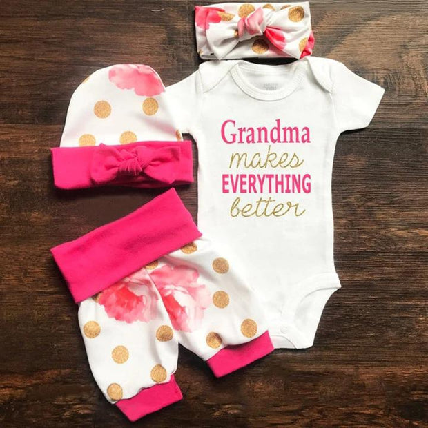 4PCS “Grandma makes EVERYTHING Better” Lovely Floral Printed Baby Set