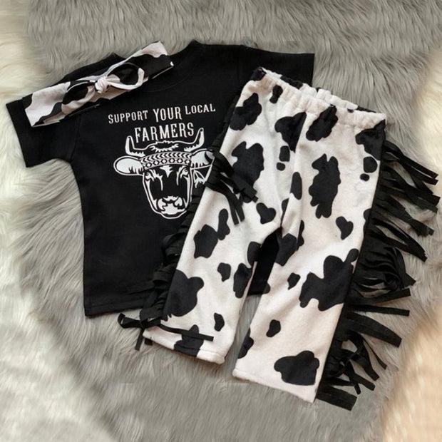 3PCS Baby Girl “SUPPORT YOUR LOCAL FAMERS” Letter Printed Romper With Pants Baby Set