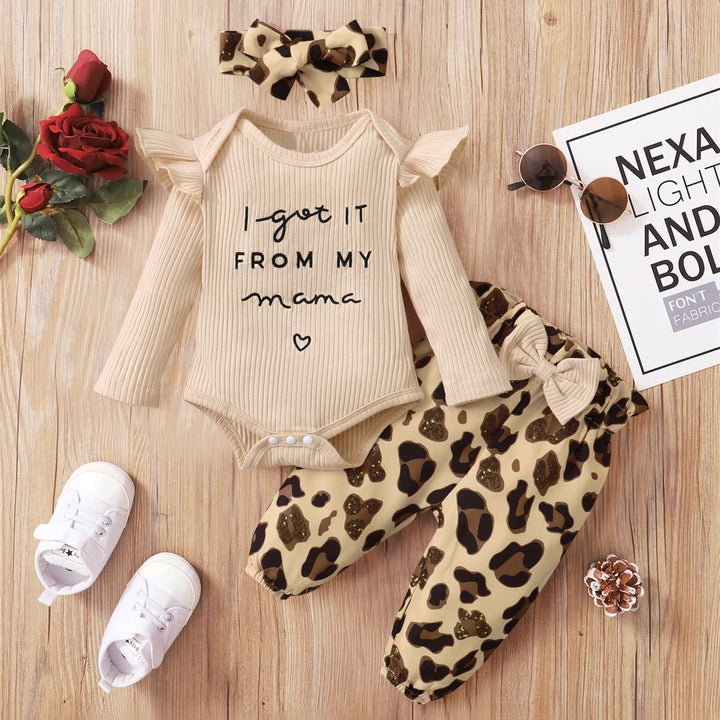 Ensemble 3 pièces pour bébé fille imprimé léopard "Je l'ai reçu de ma maman"