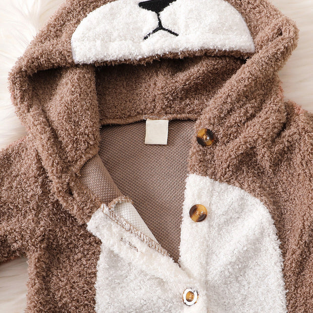 Cute Bear Solid Color Printed Baby Hoodie Jumpsuit
