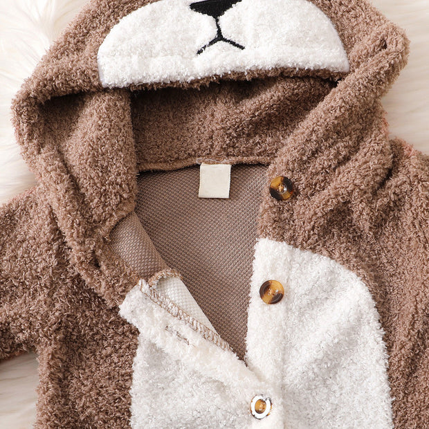 Cute Bear Solid Color Printed Baby Hoodie Jumpsuit
