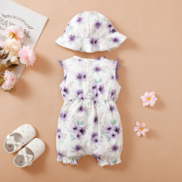 2PCS Sweet Floral Printed Baby Sleeveless Jumpsuit