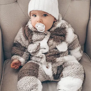 Cute Fluffy Fleece Plaid Printed Baby Long Sleeve Jumpsuit