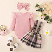 3PCS Sweet Solid Color Ruffle Decor Plaid Printed Baby Set