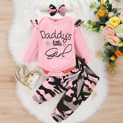 3PCS "Daddy's Little Girl" Letter Printed Rufffled Romper With Camouflage Printed Bowknot Pants Baby Girl Set