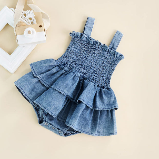 Lovely Solid Color Printed Sleeveless Baby Girl Denim Romper