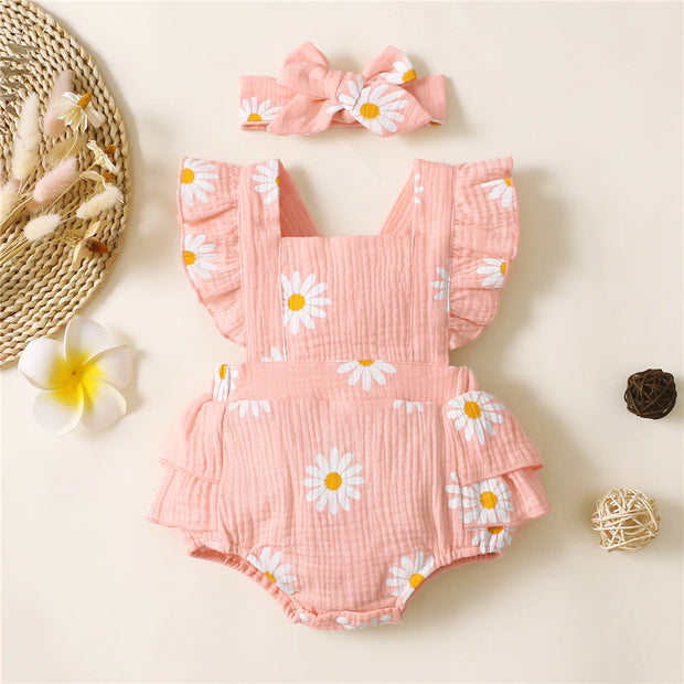2PCS Pretty Sunflower Printed Sleeveless Baby Girl Romper