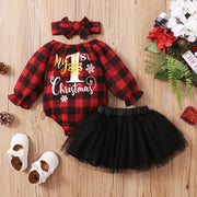 3PCS Christmas Plaid Letter Printed Baby Girl Skirt Set