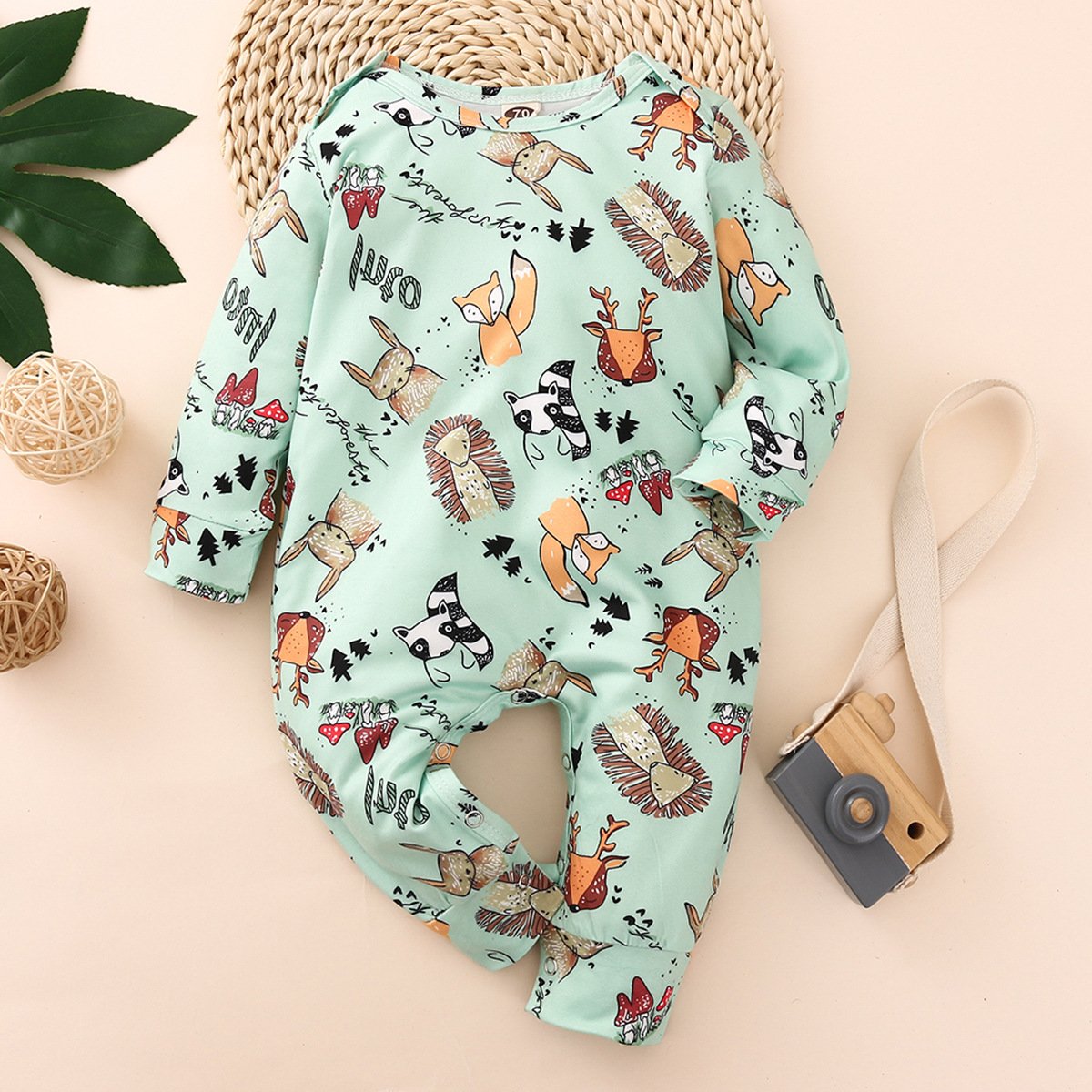 Cute Full Cartoon Plant And Animal Printed Long-sleeve Baby Jumpsuit