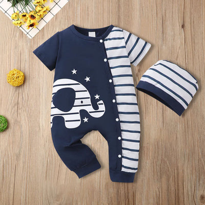 2PCS Lovely Cartoon Elephant Printed Short Sleeve Baby Jumpsuit