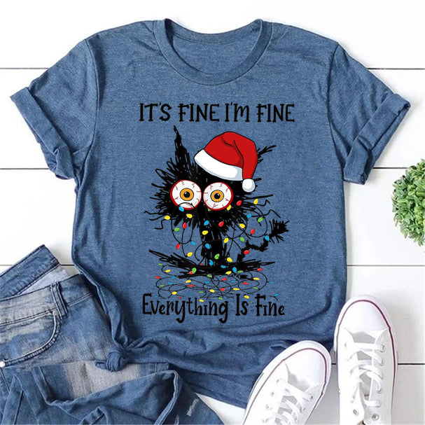 It's Fine I'm Fine Everything Is Fine Christmas Cat Print Women Slogan T-Shirt