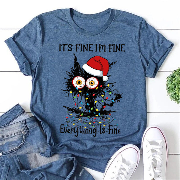 Está tudo bem, estou bem, está tudo bem, camiseta feminina com slogan de gato de Natal 