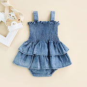 Lovely Solid Color Printed Sleeveless Baby Girl Denim Romper
