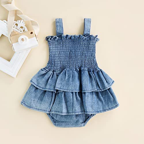 Lovely Solid Color Printed Sleeveless Baby Girl Denim Romper